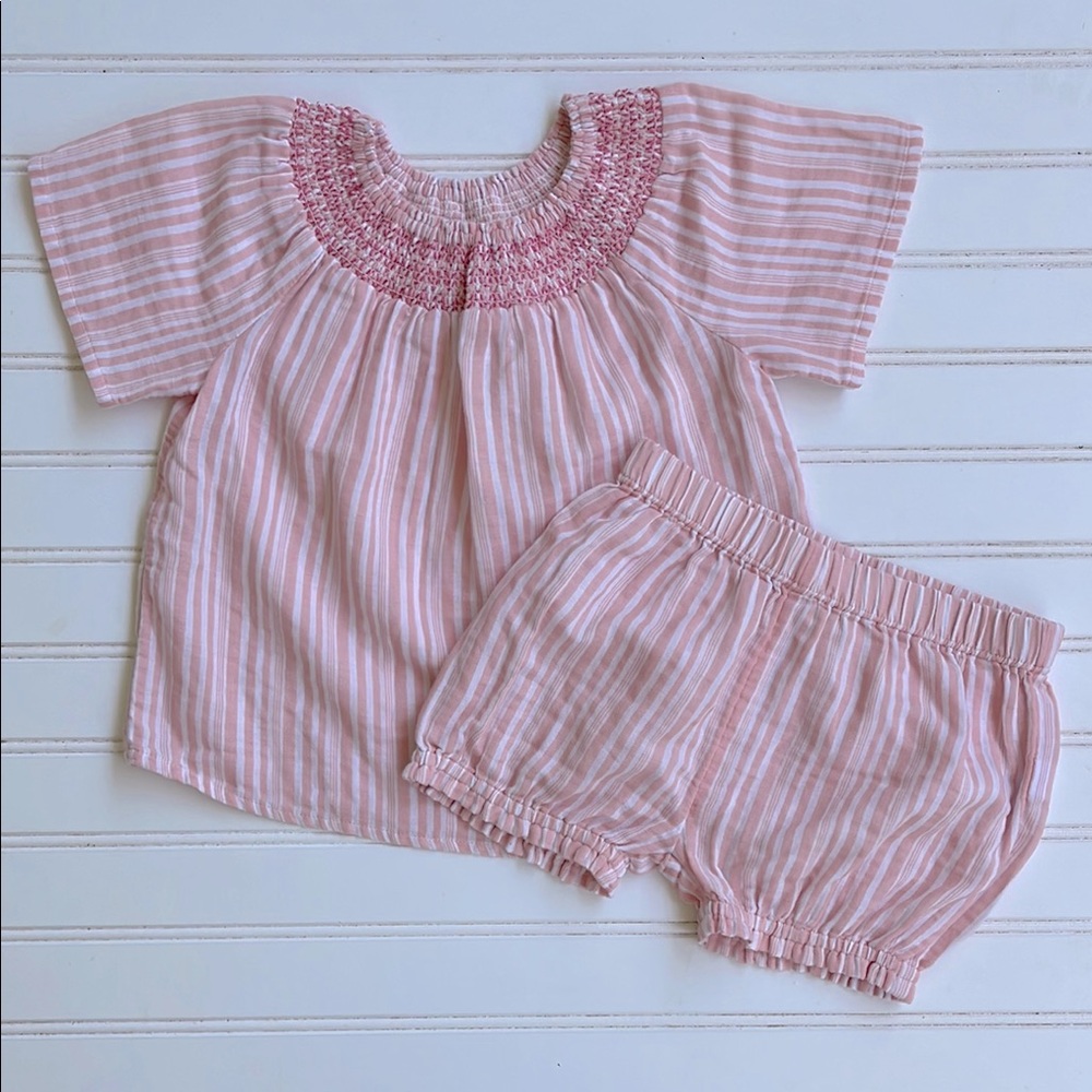 TUCKER & TATE EUC 100% Cotton Girls Striped Smocked Blouse Bloomer Set